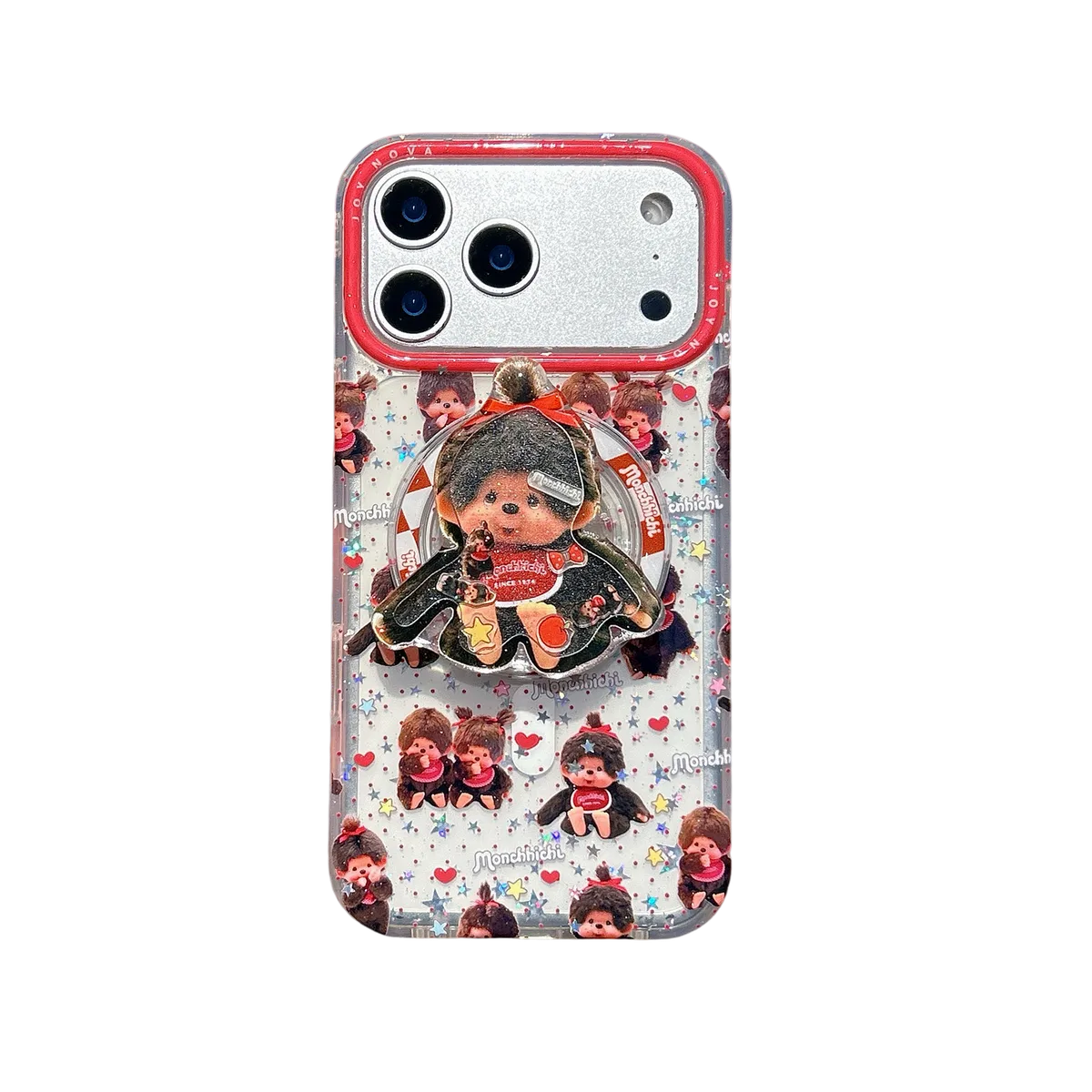 Monchhichi Clear Glitter Fill Red Rim With 3D Charm Phone Case for iPhone 17 16 15 14 13 Pro Max — MagSafe